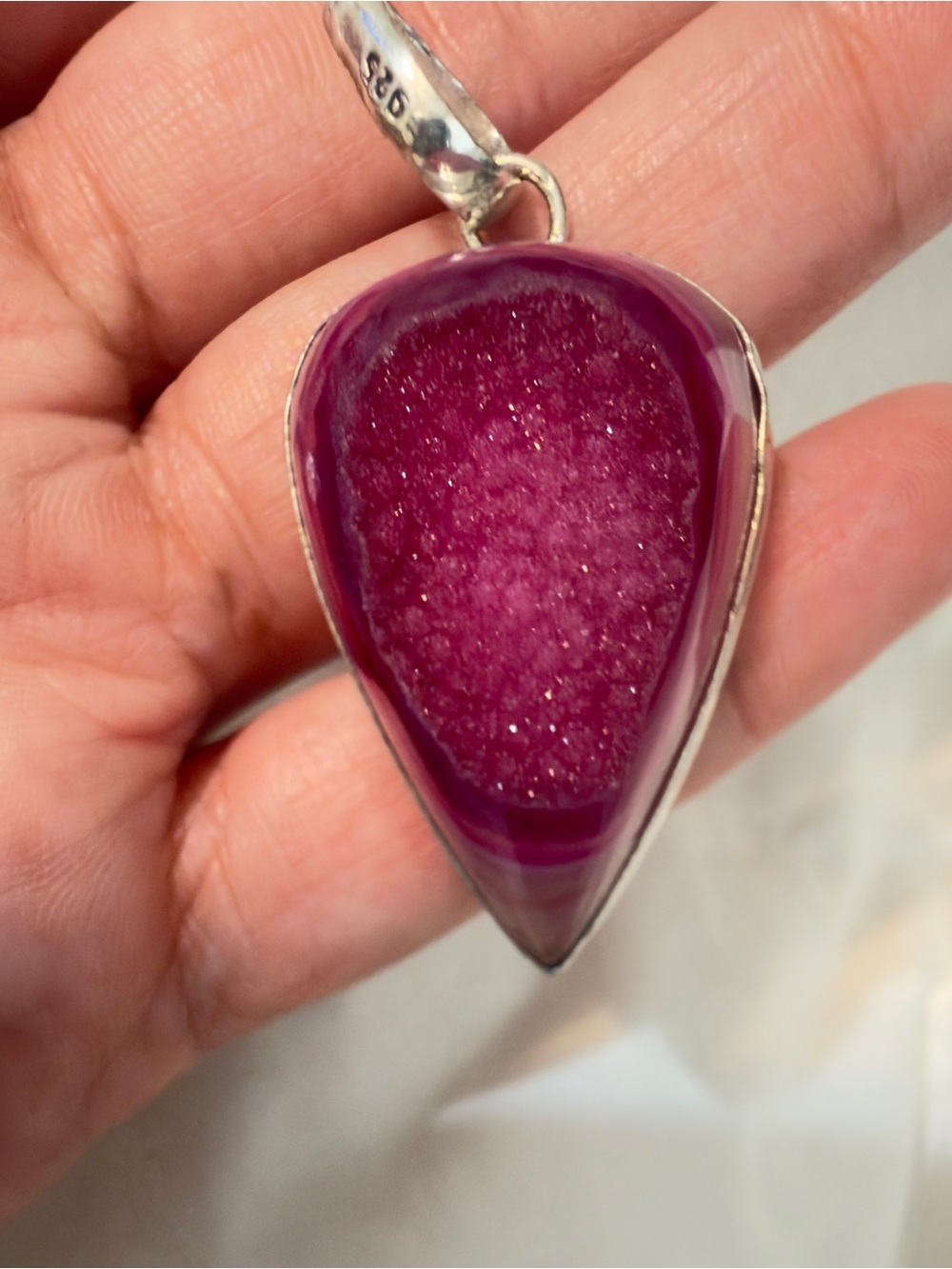 925 Sterling Silver - Fuchsia Druzy Teardrop Pendant